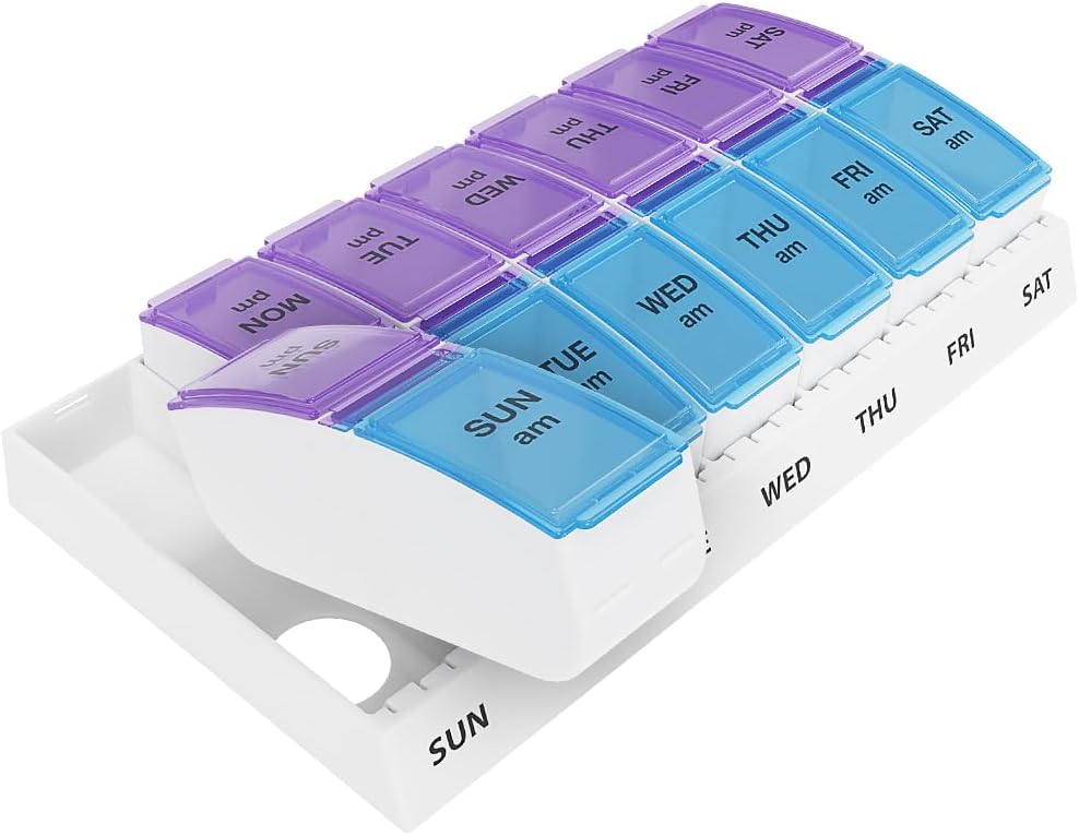 Ezy Dose Weekly (7-Day) AM/PM Pill Organizer, Vitamin and Medicine Box, Small Pop-out Compartments, 2 Times a Day, Blue and Purple Lids - 24hrsmart